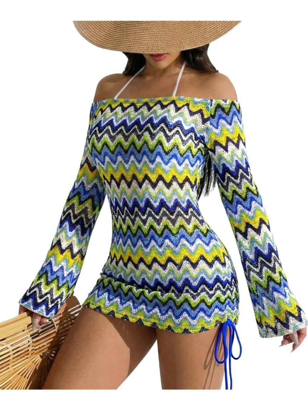 Summer Women's Sexy Boho Off-Shoulder Cover-Up, Hollow Out, Bell Sleeve, Ruched
